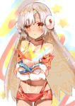  altera_(fate) altera_the_santa bangs bare_shoulders blush box breasts choker closed_mouth collarbone commentary_request detached_sleeves earmuffs eyebrows_visible_through_hair fate/grand_order fate_(series) full_body_tattoo gift gift_box gloves highres holding looking_at_viewer midriff nanadonai365 navel red_eyes revealing_clothes short_hair small_breasts solo tan tattoo veil white_gloves white_hair 