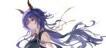  1girl arknights ash-c blue_hair ch'en_(arknights) ch'en_the_dawnstreak_(arknights) closed_mouth commentary dragon_horns eastern_dragon_horns floating_hair hair_ribbon highres horns long_hair red_eyes ribbon simple_background solo upper_body white_background yellow_ribbon 