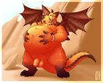  2018 4_fingers anthro balls belly belly_fondling belly_grab big_belly big_horns dragon flaccid front_view humanoid_penis kronexfire looking_at_viewer magnus_(spyro) male nude open_mouth orange_scales overweight partially_retracted_foreskin penis scales self_grab solo spyro_reignited_trilogy spyro_the_dragon standing uncut video_games wings 