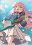  1girl :d bang_dream! bang_dream!_it's_mygo!!!!! black_choker blue_eyes blue_jacket blue_sky chihaya_anon choker cloud corrupted_twitter_file day earrings electric_guitar falling_petals feet_out_of_frame frilled_jacket frills grey_skirt guitar guitar_strap high-low_skirt highres holding holding_plectrum instrument jacket jewelry kimoong3141 leaning_back lens_flare long_hair long_sleeves looking_at_viewer music open_mouth outdoors parted_bangs pendant petals pink_hair playing_guitar playing_instrument plectrum skirt sky smile solo standing teardrop_earrings teardrop_necklace teeth upper_teeth_only white_petals zipper zipper_pull_tab 