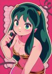  1girl animal_print bikini blue_eyes breasts cleavage collarbone cone_horns eyelashes eyeliner green_hair grid_background highres horns long_hair looking_at_viewer lum makeup nka_46 outline pink_background pointy_ears print_bikini sidelocks solo swimsuit tiger_print urusei_yatsura white_outline 