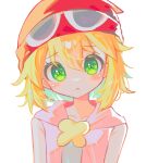  1girl :< absurdres amitie_(puyopuyo) blonde_hair blush closed_mouth commentary green_eyes hair_between_eyes hat highres hood hoodie korean_commentary looking_at_viewer offbeat pink_hoodie puyopuyo red_hat short_hair simple_background sleeveless sleeveless_hoodie solo upper_body white_background 