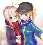  :d ahoge artoria_pendragon_(all) baseball_cap black-framed_eyewear black_hat black_ribbon black_sweater blonde_hair blue_eyes blue_scarf blue_sweater blush braided_bun cardigan cup disposable_cup eyebrows_visible_through_hair fate/grand_order fate_(series) glasses hair_between_eyes hair_ribbon hat huwali_(dnwls3010) long_hair looking_at_viewer multiple_girls mysterious_heroine_x mysterious_heroine_x_(alter) open_cardigan open_clothes open_mouth outstretched_arm ponytail reaching_out red_scarf ribbon scarf self_shot semi-rimless_eyewear silver_hair smile sweater under-rim_eyewear yellow_eyes 