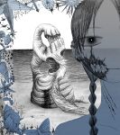  1girl absurdres beach bone braid bug collarbone commentary_request conch creature cross ear_piercing earclip exposed_teeth flesh frown glasgow_smile greyscale highres horror_(theme) monochrome moth original outdoors piercing ryaw scratches seashell see-through_body shell sky smiley_face solo split_crop starfish surreal twin_braids 