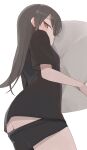  1girl ass black_eyes black_hair black_shirt black_shorts closed_mouth clothes_pull commentary_request highres hiroki_(yyqw7151) long_hair looking_at_viewer original partial_commentary shirt short_sleeves shorts shorts_pull simple_background solo white_background 