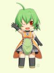  :d ahoge arm_up blush boots chibi elbow_gloves fl-chan fl_studio gloves green_hair headset microphone official_art open_mouth orange_eyes piano_print red_eyes short_hair smile transparent_background uruido wink 