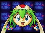  1girl :d android artist_name blue_background blue_eyes character_name copyright_name cropped_head cursor disembodied_hand disembodied_head english_text fake_screenshot gameplay_mechanics gloves green_hair hair_between_eyes head_only linker looking_at_viewer marina_liteyears mario_(series) open_clothes open_mouth parody red_gloves short_hair smile solo super_mario_64 teeth text_background title_parody upper_teeth_only yuke_yuke!!_trouble_makers yukkuri_shiteitte_ne 