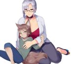  1girl age_difference animal_ears blush breasts brown_hair catboy choker cleavage furry glasses green_eyes highres huge_breasts jacket mogiki_hayami original red_eyes short_hair silver_hair 