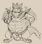  3_toes 4_fingers animal_genitalia anthro balls belly belt big_belly daftpatriot dragon flaccid front_view horn looking_at_viewer magnus_(spyro) male monochrome penis sheath smile solo spyro_reignited_trilogy spyro_the_dragon standing toes video_games 