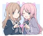  2girls bang_dream! bang_dream!_it's_mygo!!!!! blue_shirt brown_hair chihaya_anon chinese_commentary commentary_request drawn_ears fang green_necktie grey_eyes grey_jacket grey_neckerchief haneoka_school_uniform heart heart_hands heart_hands_duo heart_in_heart_hands jacket long_hair long_sleeves multiple_girls nagasaki_soyo neckerchief necktie one_eye_closed open_mouth partial_commentary pink_hair school_uniform shirt sidelocks skin_fang tsukinomori_school_uniform upper_body zhong_xiansheng 