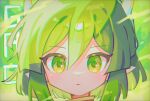  1girl close-up closed_mouth commentary draco_centauros dragon_girl dragon_horns expressionless green_eyes green_hair highres horns korean_commentary looking_at_viewer offbeat pointy_ears puyopuyo short_hair solo upper_body 