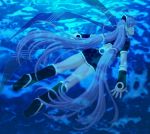  1girl back blue_eyes blue_hair boots female fingerless_gloves gloves hairband midriff solo underwater uruido water 