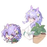  1girl :d bailu_(honkai:_star_rail) bailu_(medical_practice)_(honkai:_star_rail) braid dragon_girl dragon_horns eastern_dragon_horns fang flower hair_flower hair_ornament honkai:_star_rail honkai_(series) horns looking_at_viewer looking_back official_alternate_costume official_art_inset open_mouth pointy_ears purple_hair single_braid smile solo user_rpek2453 white_flower 