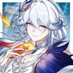  1girl black_hair blue_eyes blue_nails changmingsuo claw_ring commentary_request diamond-shaped_pupils diamond_(shape) dress earrings gradient_hair hair_between_eyes hair_ornament highres holding honkai:_star_rail honkai_(series) jewelry long_hair looking_at_viewer multicolored_hair nail_polish ofuda purple_eyes single_earring smile solo symbol-shaped_pupils white_dress white_hair xingqiongtiedao_fangguan yao_guang_(honkai:_star_rail) yellow_pupils 