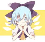  1girl :d black_bow blue_eyes blue_hair blush_stickers bow cirno commentary_request cropped_torso detached_wings fang hair_between_eyes hair_bow hatsushiro_mamimu highres looking_at_viewer open_mouth puffy_short_sleeves puffy_sleeves short_hair short_sleeves skin_fang smile solo touhou wings yellow_background 