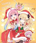  3girls blonde_hair christmas compile_heart d-pad d-pad_hair_ornament gift hair_ornament hat histoire ileheart long_hair looking_at_viewer multiple_girls neptune_(choujigen_game_neptune) neptune_(series) official_art open_mouth pink_hair purple_eyes purple_hair santa_costume sidelocks smile star star-shaped_pupils symbol-shaped_pupils tsunako twintails v virtual_youtuber 