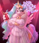 2025 4_fingers absurd_res anthro arm_under_breasts armor aroused_smile backlighting belly belly_overhang beverage big_breasts big_hair biped blush bodypaint boss_monster_(undertale) bovid bracelet breasts caprine claws clothed clothed_anthro clothed_female clothing container cosplay costume covering covering_breasts covering_self crossover crossover_cosplay crown cup digital_drawing_(artwork) digital_media_(artwork) disposable_cup dress ellipsis embarrassed embarrassed_horny english_description english_text fake_cutie_mark fake_hair fake_tail fake_unicorn_horn fake_wings feathered_wings feathers female female_anthro finger_claws fingers flesh_fang floppy_ears friendship_is_magic front_view fur gem genitals glistening glistening_breasts glistening_crown glistening_hair glistening_horn glistening_jewelry glistening_tail glistening_thighs glistening_tiara gold_(metal) gold_bracelet gold_headwear gold_jewelry gold_neckwear gold_tiara gold_wristwear hair hasbro headgear heart_symbol hearts_around_head hi_res holding_beverage holding_object horn ineffective_clothing innie_vulva jewelry light lighting long_hair long_tail looking_aside looking_away lop_ears mammal mature_anthro mature_female multicolored_hair multicolored_tail my_little_pony navel neckwear nipple_dip nipples open_mouth open_smile party peytral pink_background pink_eyes pink_lighting pink_nipples portrait princess_celestia_(mlp) pubes public public_nudity purple_gem purple_text scut_tail short_horn short_tail simple_background slightly_chubby slightly_chubby_anthro slightly_chubby_female small_horn smile snout solo sparkles sparkling_hair sparkling_tail spotlight standing tail talking_to_viewer technically_nude text thick_thighs three-quarter_portrait tiara toriel translucent translucent_clothing translucent_dress undertale undertale_(series) vulva white_body white_feathers white_fur white_horn wide_hipped_anthro wide_hipped_female wig wings witchtaunter