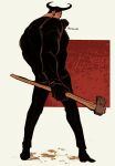  1boy absurdres black_gloves black_hair black_shirt blueno clenched_hand commentary full_body gloves highres holding holding_weapon looking_back male_focus muscular muscular_male one_piece shirt solo splatter sutaneko twitter_username untranslatable_commentary weapon 