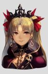  bangs blonde_hair bow cape collarbone detached_collar earrings ereshkigal_(fate/grand_order) fate/grand_order fate_(series) gold_trim hankuri hoop_earrings infinity jewelry lips necklace purple_eyes red_bow red_cape red_ribbon ribbon simple_background skull solo tiara twintails upper_body 