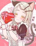  1girl :3 animal_ear_fluff animal_ears apron bandaid bandaid_on_finger bandaid_on_hand black_shirt blonde_hair border box cat_ears cat_girl cat_tail closed_mouth collared_shirt colored_eyelashes commentary_request contrast_collar corset flipped_hair frilled_apron frills gakuen_idolmaster gradient_hair grey_hair hair_ornament hairclip hands_up happy_mille-feuille_(idolmaster) heart-shaped_box heart_apron holding holding_box idolmaster kemonomimi_mode long_hair looking_at_viewer maid_apron multicolored_hair neck_ribbon neko_no_fuji orange_eyes outline outside_border parallel_hairclips pink_border pink_ribbon puffy_short_sleeves puffy_sleeves ribbon round_border shinosawa_hiro shirt short_sleeves solo swept_bangs tail valentine watermark white_apron white_corset white_outline wrist_cuffs 