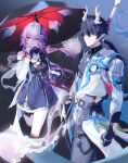  1boy 1girl belt black_hair commentary_request dan_heng_(honkai:_star_rail) dan_heng_(permansor_terrae)_(honkai:_star_rail) dragon_boy dragon_horns dragon_tail dress earrings evernight_(honkai:_star_rail) evey_(honkai:_star_rail) fingernails flower gauntlets gloves gr_giri green_eyes hadanugi_dousa hair_between_eyes hair_flower hair_ornament hairclip highres holding holding_polearm holding_umbrella holding_weapon honkai:_star_rail honkai_(series) horns jewelry layered_dress long_hair low_ponytail march_7th_(honkai:_star_rail) memosprite pants pink_hair pointy_ears polearm ponytail red_eyes single_earring smile tail tassel thigh_strap umbrella v-shaped_eyebrows very_long_hair weapon 