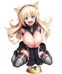  1girl asahi blonde_hair blush breasts bursting_breasts candy cecilia_cello chocolate food green_eyes happy huge_breasts lilith-soft long_hair open_mouth saliva shiny shiny_skin sitting smile solo taimanin_(series) taimanin_rpgx 