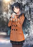  aqua_hair bangs black_hair black_legwear blush breath brown_legwear coat coffee_cup cowboy_shot crown cup disposable_cup duffel_coat fate/grand_order fate_(series) forest gradient_hair headgear holding holding_cup ice_(ice_aptx) ishtar_(fate/grand_order) long_hair long_sleeves looking_at_viewer multicolored_hair nature outdoors pantyhose plaid plaid_skirt pleated_skirt red_eyes skirt snow solo standing tree winter winter_clothes winter_coat 