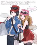  1girl 2boys arm_hug bag black_pants black_shirt blue_jacket bracelet calem_(pokemon) english_text eyewear_on_headwear grey_eyes hand_in_pocket hand_up hat jacket jewelry long_hair long_sleeves multiple_boys open_mouth pants pink_hat pleated_skirt pokemon pokemon_xy red_hat red_skirt serena_(pokemon) shirt shopping_bag skirt sleeveless sleeveless_shirt speech_bubble sunglasses teeth thighhighs tyou08665851 