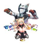  1girl armor asahi blonde_hair blush breasts candy cecilia_cello chocolate food green_eyes happy huge_breasts lilith-soft long_hair mecha open_mouth saliva shiny shiny_skin sitting smile taimanin_(series) taimanin_rpgx toys 