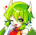  1girl blush china_dress chinese_clothes commentary draco_centauros dragon_girl dragon_horns dragon_wings dress elbow_gloves fang gloves green_hair hair_between_eyes highres horns korean_commentary looking_at_viewer offbeat one_eye_closed open_mouth pointy_ears puyopuyo red_dress short_hair sleeveless sleeveless_dress smile solo tongue upper_body white_gloves wings yellow_eyes 