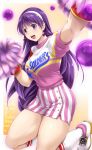  :d arm_up asamiya_athena bangs breasts cheerleader clothes_writing earrings eyebrows_visible_through_hair gloves hairband jewelry kneehighs kneeling large_breasts long_hair looking_at_viewer miniskirt open_mouth pom_poms puffy_short_sleeves puffy_sleeves purple_eyes purple_hair purple_shirt red_gloves shirt shoes short_sleeves skirt smile sneakers solo striped the_king_of_fighters thighs vertical-striped_skirt vertical_stripes very_long_hair white_hairband yukitaka 
