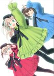  3girls absurdres animal_ears bird_ears bird_girl bird_tail blonde_hair blue_dress blue_eyes braid brown_eyes brown_hair cat_ears cat_girl cat_tail commentary_request dog_ears dog_girl dog_tail dress feet_out_of_frame green_dress hat highres luminous_witches lyudmila_andreyevna_ruslanova multiple_girls official_alternate_costume open_mouth red_dress shibuya_inori shimada_fumikane short_hair simple_background standing tail twin_braids virginia_robertson white_background world_witches_series 