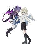  2boys albedo_(genshin_impact) ascot black_boots black_cat black_shorts blonde_hair boots cat dragon_boy dragon_horns dragon_tail durin_(genshin_impact) feathered_wings genshin_impact green_eyes halo highres horns looking_at_viewer multiple_boys open_mouth purple_ascot purple_eyes purple_hair red_eyes scaramouche_(cat)_(genshin_impact) scaramouche_(genshin_impact) shirt shorts simple_background tail ttuyer0 white_background white_shirt wings 
