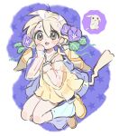  1girl absurdres blonde_hair brown_eyes commentary flower full_body hair_flower hair_ornament highres jacket kerberos_(kerbe_) leg_warmers looking_at_viewer morning_glory open_mouth peakychu personification pikachu pokemon pokemon_(creature) pokemon_pokopia purple_flower reference_inset see-through_clothes see-through_jacket shoes simple_background solo twintails white_background white_leg_warmers yellow_shoes 