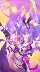  1girl :d absurdres commentary_request dress ej_com_dd fang hair_ornament highres honkai_(series) honkai_impact_3rd long_hair looking_at_viewer open_mouth panties purple_dress purple_hair sirin sirin_(miracle_magical_girl) skin_fang smile solo underwear very_long_hair white_panties yellow_eyes 