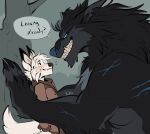 anthro arm_scar aroused aroused_by_another aroused_face aroused_male aroused_smile back_scar barazoku bedroom_eyes big_muscles big_pecs black_body black_fur black_mane blue_eyes blush blush_lines bodily_fluids canid canine claws clothed clothed_anthro clothed_male clothing cocky cocky_grin dialogue dominant dominant_anthro dominant_male duo english_text eye_contact facial_scar fangs fangs_bared fierce fierce_expression flirting flirting_look forest forest_background fur grey_body grey_fur grin grinning_at_partner hi_res hoodie imminent_sex kotacat4 larger_anthro larger_male looking_at_another male male/male mammal mane manly muscular muscular_anthro muscular_arms muscular_male mythological_canine mythological_creature mythology narrowed_eyes nature nature_background nude nude_anthro nude_male outside pecs pinned pinned_to_tree plant red_clothing red_hoodie red_sweater red_topwear scar seductive size_difference smaller_anthro smaller_male smile smirk smirking_at_another smirking_at_partner speech_bubble submissive submissive_anthro submissive_male sweat sweatdrop sweater taunting taunting_partner teasing teasing_partner teeth text thick_arms topwear tree werecanid werecanine werecreature werewolf white_body white_fur