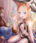  abigail_williams_(fate/grand_order) animal_ear_fluff animal_ears bangs bare_arms bare_shoulders black_hat black_panties blonde_hair blue_eyes blue_sky blush bow breasts cat_ears cat_girl cat_tail claw_pose commentary_request curtains day fang fate/grand_order fate_(series) fingernails forehead hand_up hat highres indoors kemonomimi_mode long_hair looking_at_viewer medium_breasts open_mouth panties parted_bangs red_bow sanka_tan sitting sky solo stuffed_animal stuffed_toy tail teddy_bear underwear very_long_hair window witch_hat 