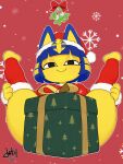 3:4 animal_crossing ankha_(animal_crossing) anthro big_breasts black_eyes blue_hair bottomless box breasts charlysf_uwu christmas christmas_clothing christmas_headwear clothed clothing container convenient_censorship domestic_cat eyelashes felid feline felis female fur gift_box hair hat headgear headwear hi_res holidays legwear looking_at_viewer lying mammal nintendo on_back red_background red_clothing red_hat red_headwear red_legwear red_topwear santa_hat short_hair simple_background smile solo spread_legs spreading thick_thighs topwear uraeus wide_hips yellow_body yellow_fur