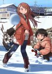  2girls bag black_eyes black_hair blunt_bangs blush boots breath brown_eyes brown_hair coat commentary_request day grin hair_ornament hairclip highres long_hair looking_at_another multiple_girls open_mouth original outdoors pants short_hair smile snow standing throwing toraneko tree winter 