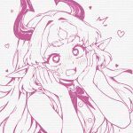 1girl bare_shoulders blush bow buttons caffichai character_request choker copyright_request hair_intakes heart heart-shaped_pupils highres horns long_hair monochrome nymph_(arknights) open_hands open_mouth pointy_ears simple_background sleeveless solo symbol-shaped_pupils teeth upper_body upper_teeth_only white_background wing_collar 