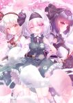  3girls absurdres adako_yunagi alternate_color alternate_hair_color black_bow black_bowtie black_hairband black_skirt black_vest blurry blush bow bowtie breasts brown_hairband cherry_blossoms collared_shirt commentary_request curiosities_of_lotus_asia depth_of_field falling_petals frilled_skirt frills green_skirt green_vest grey_hair hairband highres hitodama hitodama_print holding holding_sword holding_weapon katana konpaku_youmu konpaku_youmu_(ghost) konpaku_youmu_(mysterious_sword_master) large_breasts long_hair long_sleeves looking_at_viewer medium_hair multiple_girls multiple_persona one_eye_closed open_mouth petals pink_petals print_skirt print_vest purple_hair purple_shirt red_eyes sheath sheathed shirt signature skirt skirt_set smile socks sword touhou touhou_lostword vest weapon white_shirt white_socks yellow_eyes youmu_day 