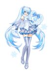  1girl absurdly_long_hair absurdres ahoge aqua_eyes aqua_hair blue_hair blue_necktie blue_trim blush boots breasts commentary_request detached_sleeves full_body gradient_hair grey_skirt hair_between_eyes hair_ornament hatsune_miku headphones headset highres long_hair long_sleeves looking_at_viewer mittens multicolored_hair necktie pleated_skirt scarf shiny_clothes shirt skirt sleeveless sleeveless_shirt small_breasts snowflake_print snowflakes solo standing thigh_boots tie_clip twintails usasuzu very_long_hair vocaloid white_background white_mittens white_scarf wide_sleeves yuki_miku yuki_miku_(2011) zettai_ryouiki 