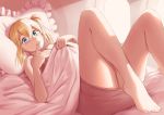  absurdres awan97 bangs bed_sheet blonde_hair blue_eyes blue_nails chemise commentary day eyebrows_visible_through_hair finger_to_mouth hayasaka_ai highres indoors kaguya-sama_wa_tsugerasetai leg_up legs lingerie lips looking_at_viewer lying nail_polish on_back on_bed open_mouth pantyhose pillow sheer_legwear short_hair smile solo spaghetti_strap underwear 