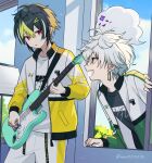  2boys :o blue_sky cloud commentary cowboy_shot green_eyes green_hair guitar highres holding holding_guitar holding_instrument holding_plectrum inami_rai indoors instrument jacket leaning_in long_sleeves looking_at_another male_focus multicolored_jacket multiple_boys murakumo_kagetsu nana72710193 nijisanji pants plectrum red_eyes shirt short_hair sky twitter_username two-tone_jacket upper_body virtual_youtuber watakumo_(murakumo_kagetsu) white_hair white_jacket white_pants white_shirt window yellow_jacket 