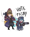  2girls absurdres adapted_costume belt black_boots blonde_hair blue_coat blue_eyes blue_hair bolt_pistol boots borrowed_character brown_boots brown_pants ciaphas_cain ciaphas_cain_(cosplay) cirno closed_eyes coat commissar_(warhammer_40k) cosplay crossover english_text engraved fairy fairy_wings ferik_jurgen ferik_jurgen_(cosplay) gold_shoulder_pads gun hat highres holding holding_gun holding_weapon ice ice_wings imperial_aquila japvs long_hair multi-melta multiple_girls original pants peaked_cap red_belt scarlet_police short_hair smile tipsy_iizai_(jomun) tongue tongue_out touhou ushanka valhallan_ice_warriors warhammer_40k weapon white_background wings 