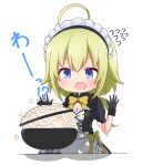  1girl ahoge amano_soraha apron assault_lily baichi_(ph4yvfsqyynkhnv) black_dress black_gloves blonde_hair blue_eyes blush bow bowtie breasts chibi cleavage commentary cooking dress flying_sweatdrops food frilled_apron frills frying_pan gloves hands_up highres long_hair looking_at_food low_ponytail maid maid_headdress medium_breasts official_alternate_costume open_mouth ponytail popcorn puffy_short_sleeves puffy_sleeves short_sleeves solo standing stove teeth translated upper_body upper_teeth_only waist_apron white_apron yellow_bow yellow_bowtie 