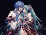  1boy 1girl adam_moonlit aqua_hair black_background blood blood_in_hair blood_on_clothes blood_on_face blood_on_hands blue_trim brother_and_sister capelet colored_eyelashes dress eve_moonlit evillious_nendaiki grey_eyes grin hair_ribbon hatsune_miku hetero highres holding_hands horror_(theme) husband_and_wife incest jacket kaito_(vocaloid) long_hair looking_at_viewer ma_keikaku_(vocaloid) mui4ioqaak9436 open_mouth pink_ribbon ribbon shirt siblings smile twins twintails vocaloid white_capelet white_dress white_jacket white_shirt 