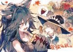  animal_ears apple autumn_leaves blue_hair claws commentary_request eating fangs fenrir_(shingeki_no_bahamut) fish food fruit granblue_fantasy grapes green_apple harvin hat long_hair mimlememel multiple_girls mushroom official_art paws pear ponytail pumpkin red_eyes saury smoke squid sweatdrop sweet_potato tank_top tomato witch_hat 