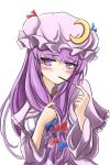  blue_bow blue_ribbon blush bow breasts capelet crescent crescent_moon_pin eating eyebrows_visible_through_hair food food_in_mouth hair_bow hat hat_ribbon highres long_hair looking_at_viewer medium_breasts namiki_(remiter00) patchouli_knowledge pocky pocky_day purple_eyes purple_hair red_bow red_ribbon ribbon simple_background solo touhou upper_body very_long_hair white_background wide_sleeves 