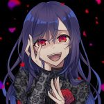  bang_dream! black_background blue_hair corsage crazy_smile flower hair_between_eyes hair_down hand_in_hair hand_on_own_cheek lace long_hair looking_at_viewer mujun_atama petals red_eyes red_flower red_rose rose seta_kaoru solo upper_body 